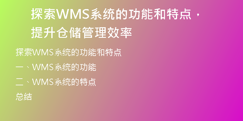 探索WMS系统的功能和特点，提升仓储管理效率